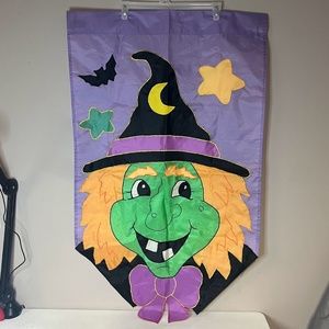 Vintage 1990s Halloween Garden Flag Cute Green Witch LARGE, Marked 1999